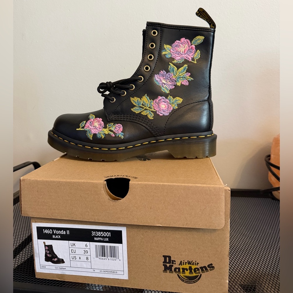 Dr. Martens Black Leather 1460 Vonda II Boots with Pink Floral Embroidery - Picture 5 of 11